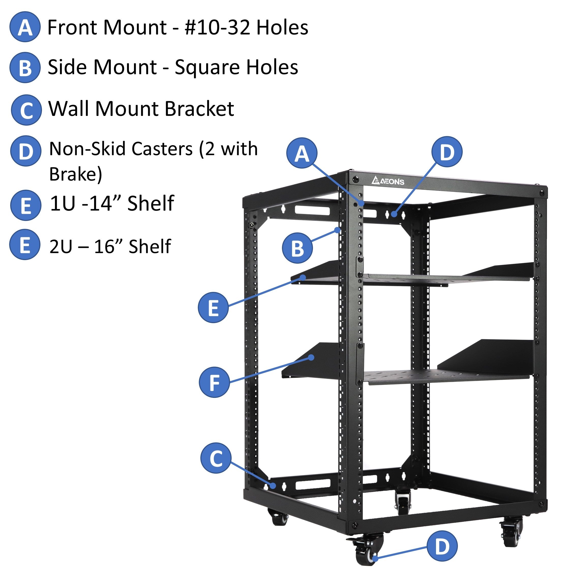 4-Post Wall Mount Open Frame Rack, Side Mount, Floor-Standing w/ Casters Flat Box