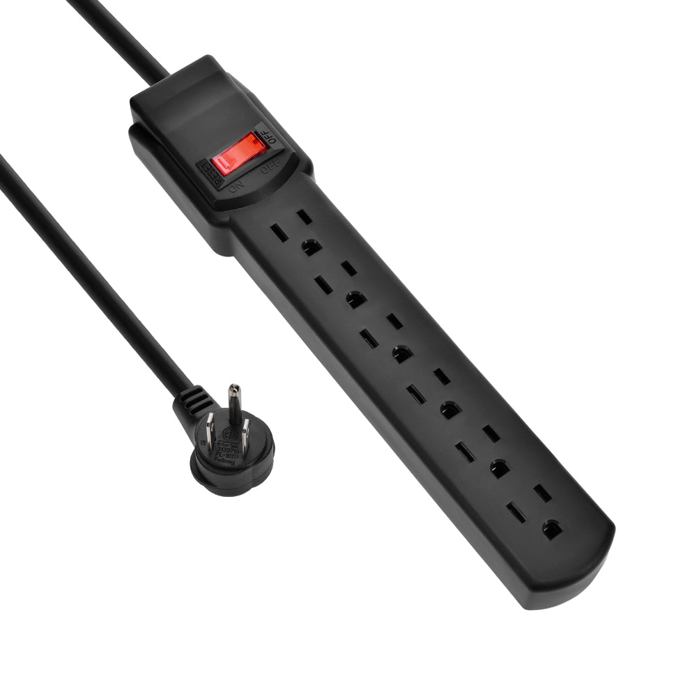 6-Outlet Surge Protector 14AWG/3,15A, 90J Black Right Angle Plug