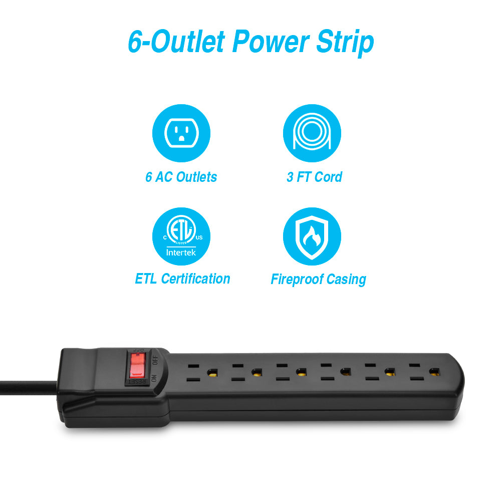 6-Outlet Surge Protector 14AWG/3,15A, 90J Black Right Angle Plug
