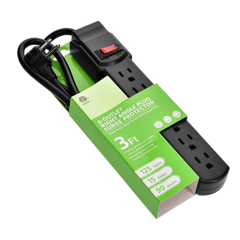 6-Outlet Surge Protector 14AWG/3,15A, 90J Black Right Angle Plug