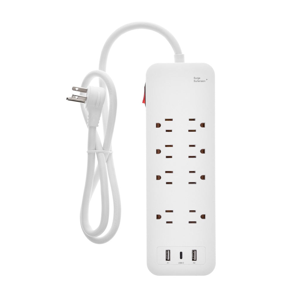 8-Outlet Surge Protector 2USB-A+1USB-C,14AWG/3, 15A, 2450J White