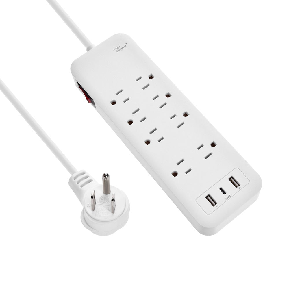 8-Outlet Surge Protector 2USB-A+1USB-C,14AWG/3, 15A, 2450J White