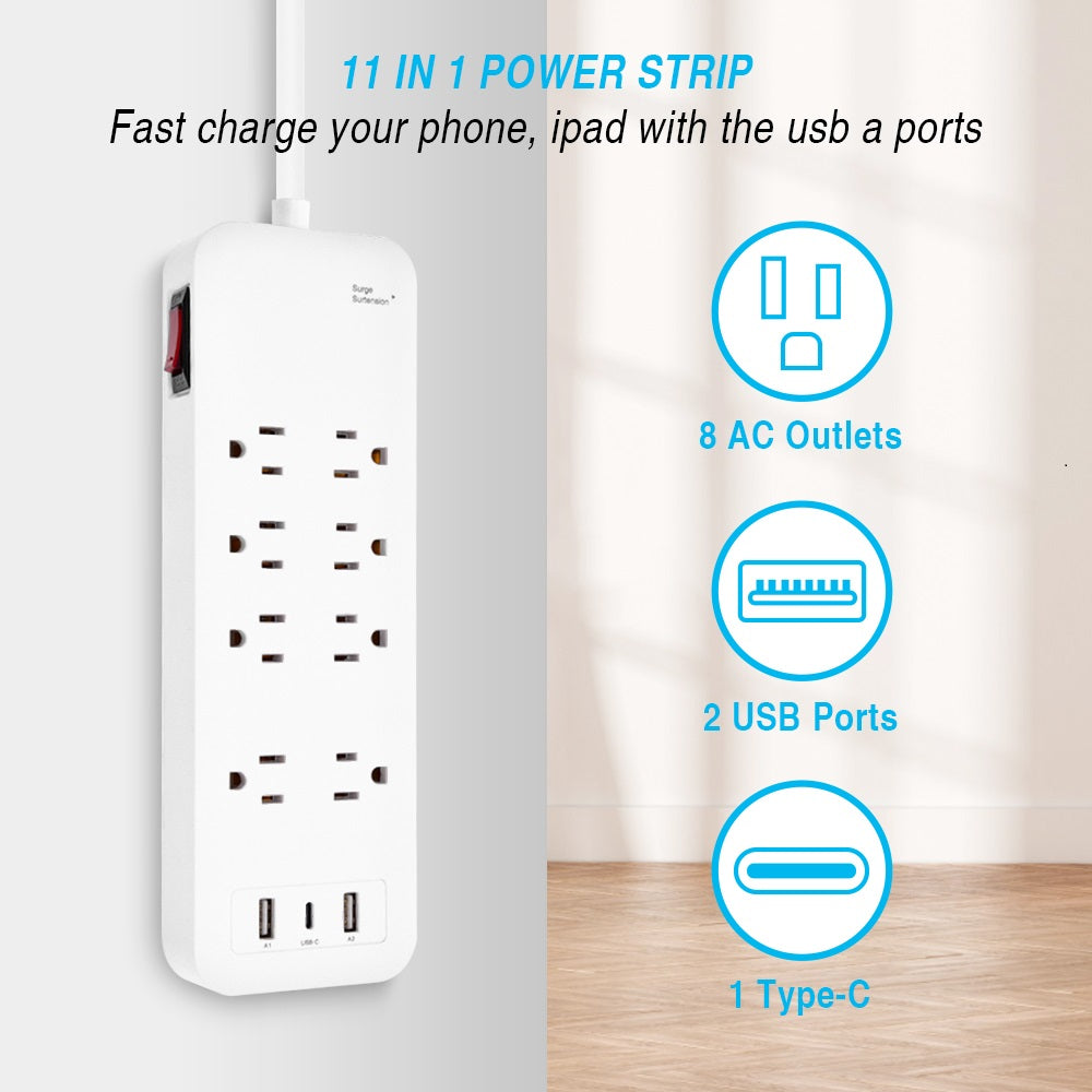 8-Outlet Surge Protector 2USB-A+1USB-C,14AWG/3, 15A, 2450J White