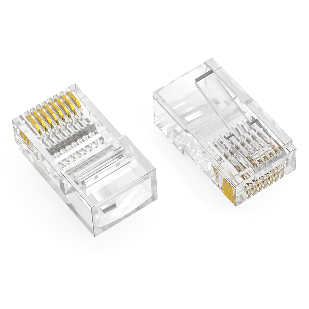 RJ45 CAT5E UTP Feed Through Plug for Solid and Stranded 3-Prong 50 Micron 100pk